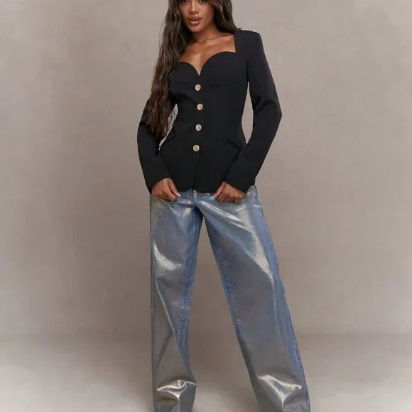 Black Casual Women's Tailored Buttoned Sweetheart Neck Tucked Jacket - Picture 4 of 4